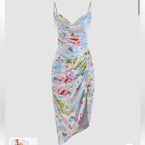 ILLUSION FLORAL RUCHED COWL NECK MIDI DRESS